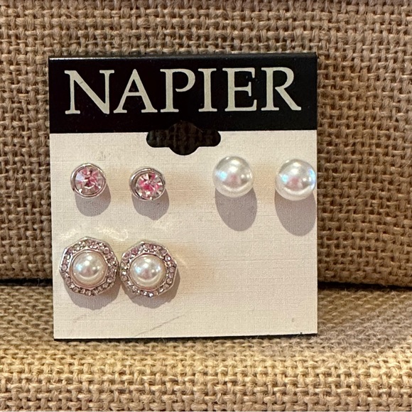 NWT Napier Earrings- set of 3 pairs- silver tone, clear rhinestones, faux pearls - Picture 5 of 8